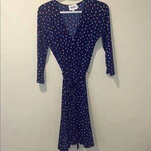 Womens Leota Petite Blue with Polka Dots Faux Wrap Dress
